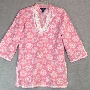 BROOKS BROTHERS “346” Cool Cotton Extra Long Tunic Top with Feminine Lace Trim